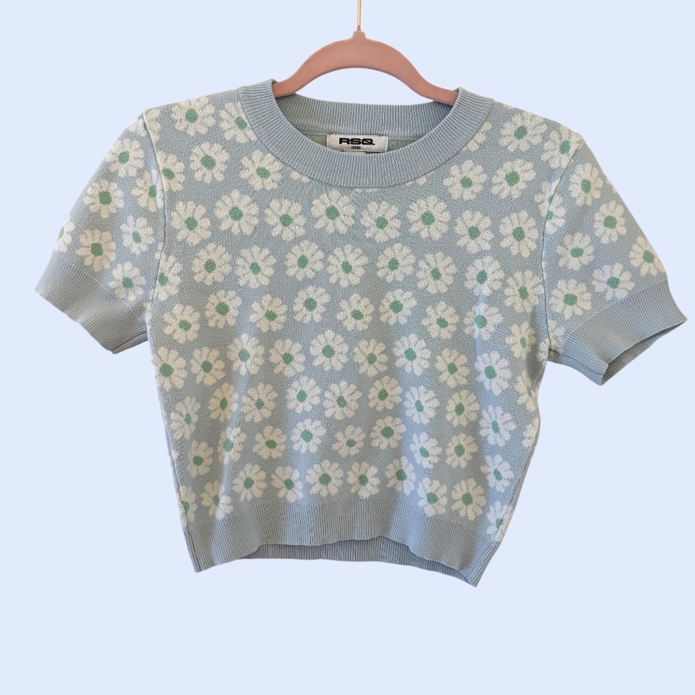 RSQ Women’s Floral Daisy Short Sleeve 90s Sweater Top New Blue White Size Large